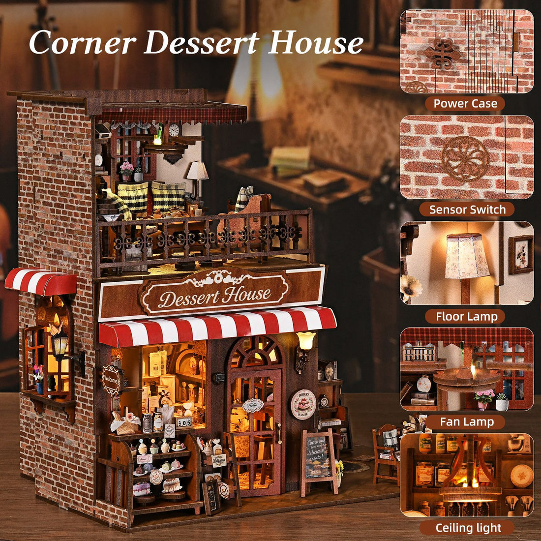 Wooden DIY Miniature House Kit Street Corner Sweet Shop Model Assembly Puzzle Bookend Decorative Craft