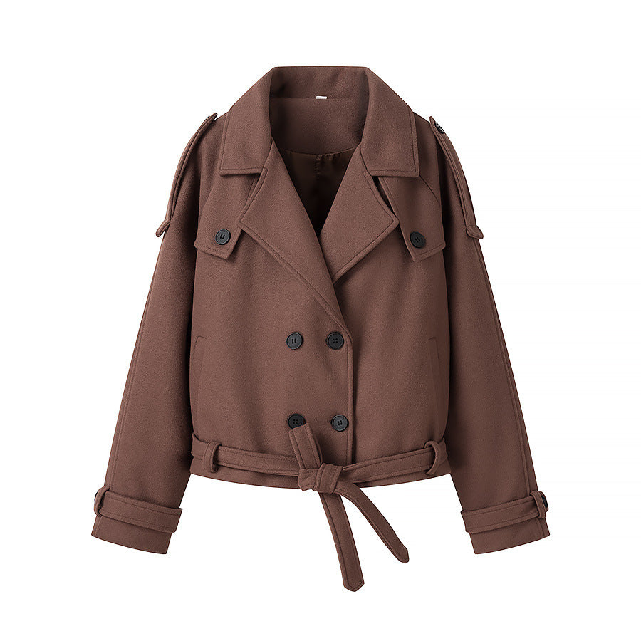 Women's dark brown cropped suit collar coat with lace-up detail, photo 5