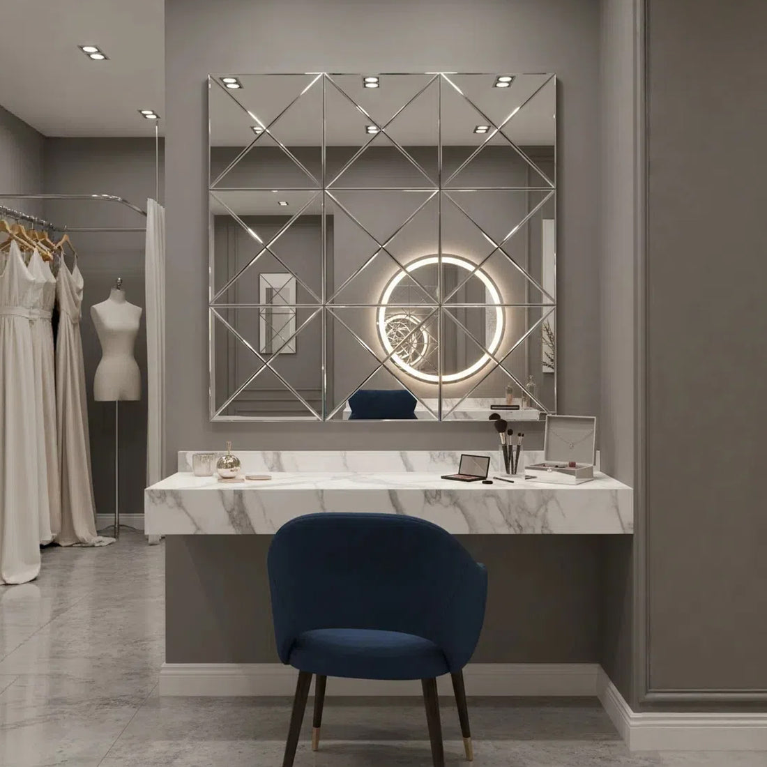 3D beveled glass wall mirror mounted above console