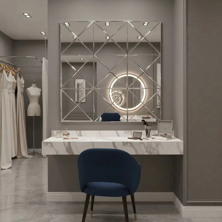 3D beveled glass wall mirror mounted above console