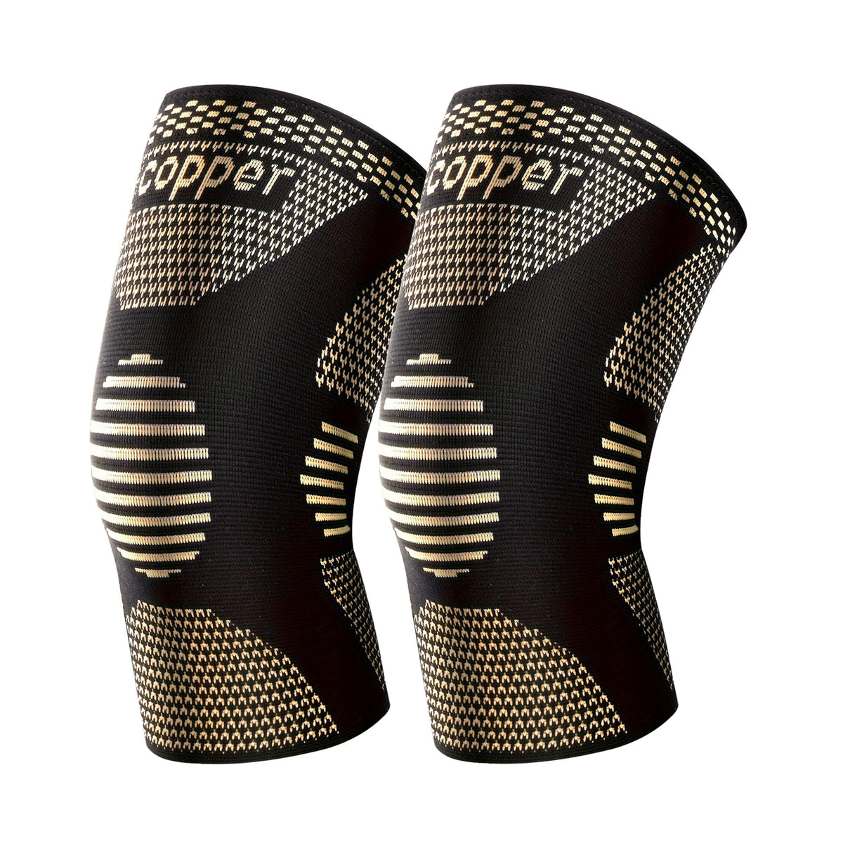 Copper knee sleeve worn under athletic pants