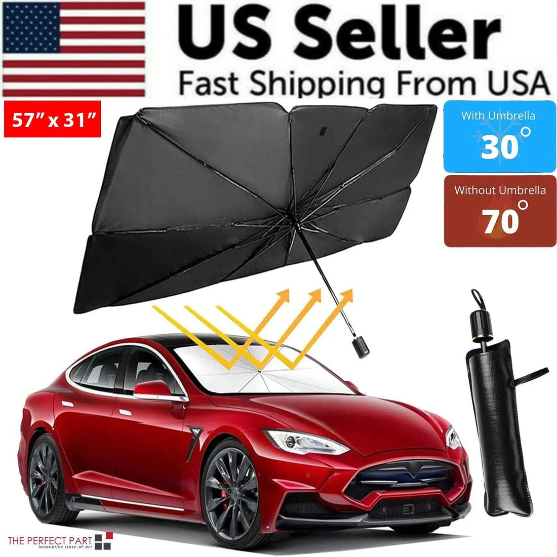 Umbrella windshield sunshade beside a red car