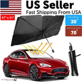 Umbrella windshield sunshade beside a red car