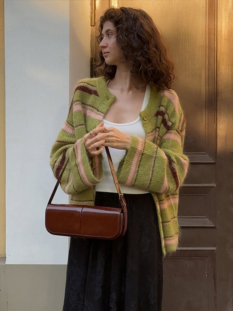 Women's green striped color-block knit cardigan, photo 4