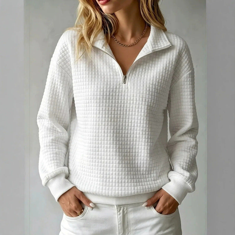 Women's Solid Color Waffle Knit Stand Collar Zipper Long Sleeve Loose Sweatshirt