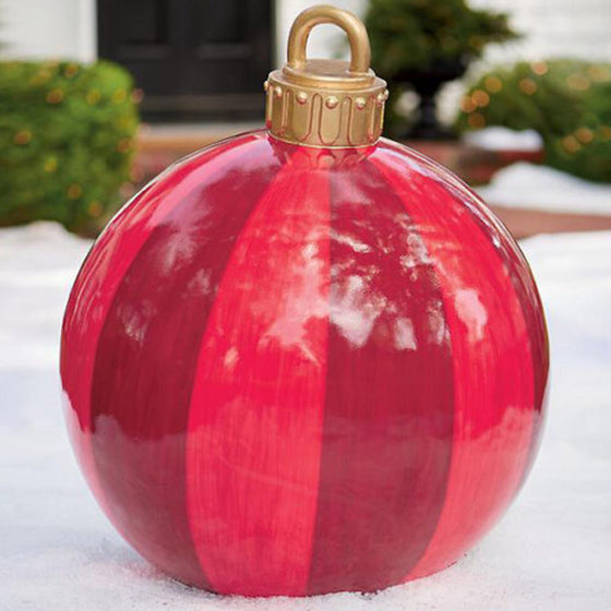 Red and white striped 60cm inflatable Christmas ornament ball, close-up