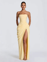 Off-shoulder ruffled slit dress