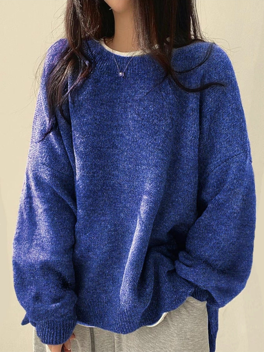 Casual Versatile Solid Color Slit Pullover Loose Long-Sleeve Women's Sweater