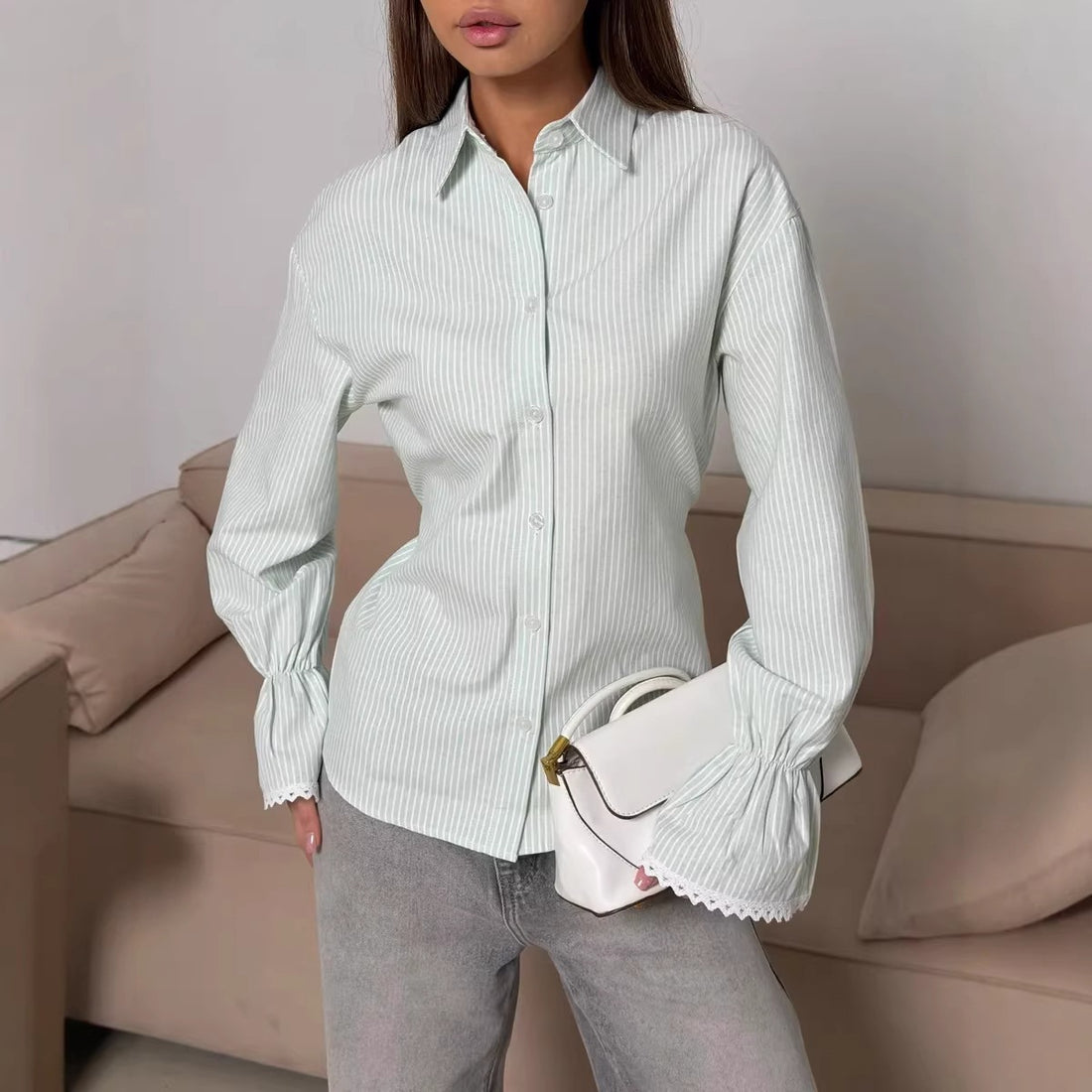 Women's loose long sleeve button-up shirt with chest pocket, photo 4
