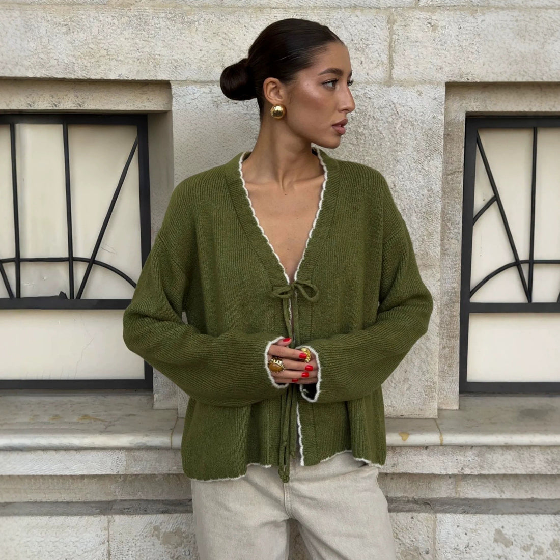Color-block knit V-neck cardigan with front bow tie, photo 6