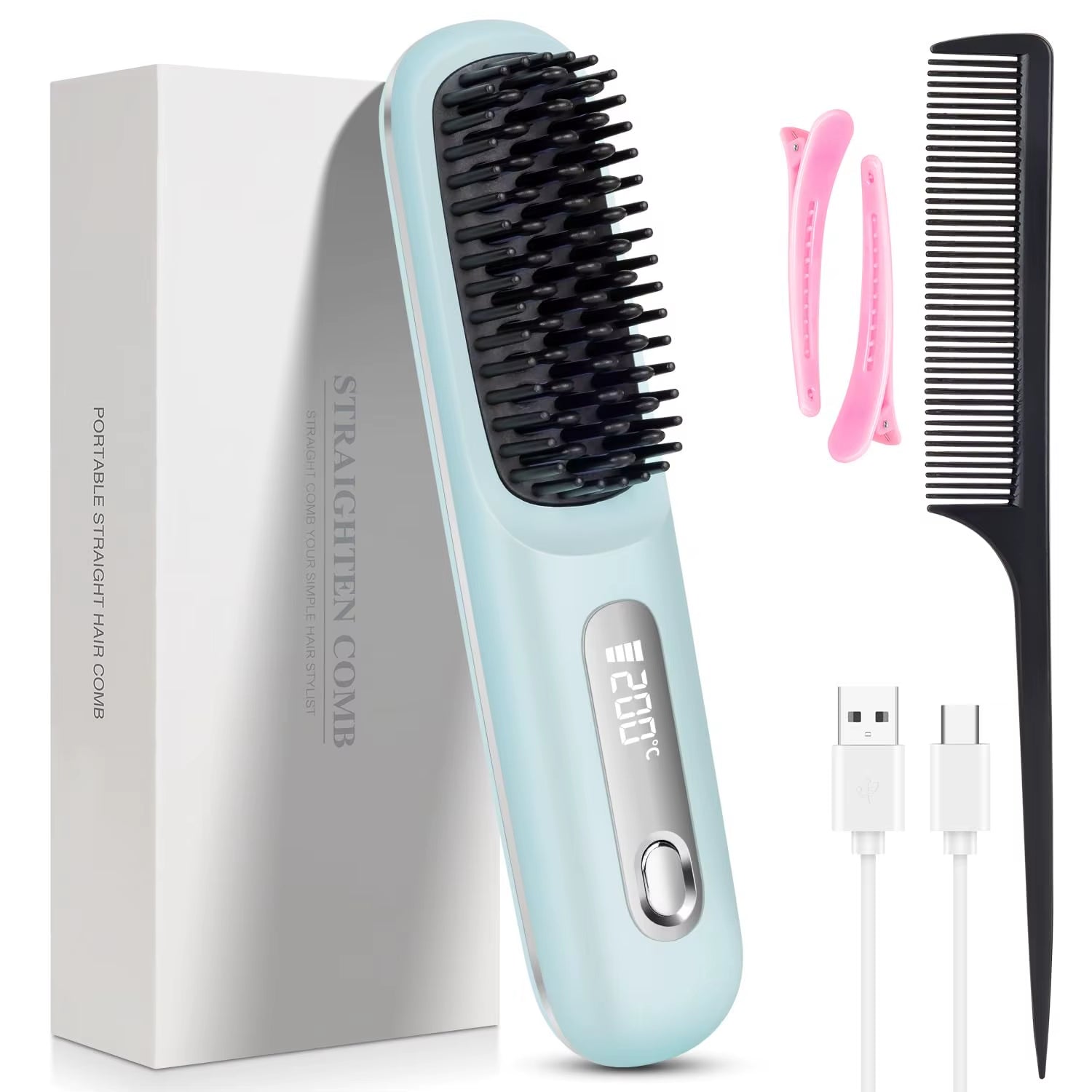 USB Charging Portable Hair Straightener Brush, Cordless Straightening Comb LED Display & Ceramic Coating, Ionic Technology