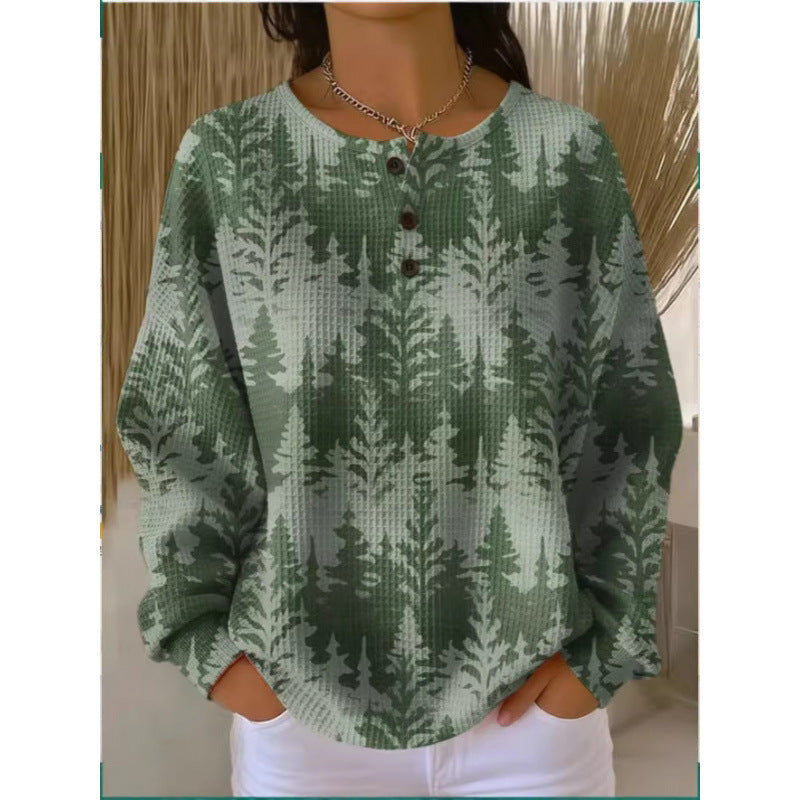 Women's 3D Printed Slim Fit Waffle Knit Stand Collar Long Sleeve Polo Shirt