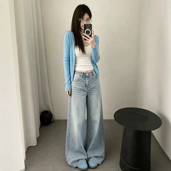 Women's American Retro High-Waisted Loose Wide-Leg Denim Jeans