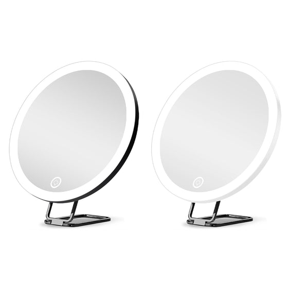 Black and white 30X lighted magnifying makeup mirrors on fold-out stands