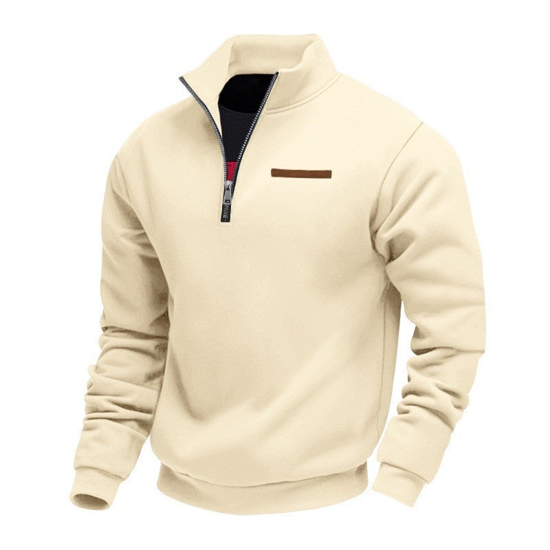 Men's Velvet Lined Half-Zip Stand Collar Pullover Solid Color Casual Loose Sweatshirt