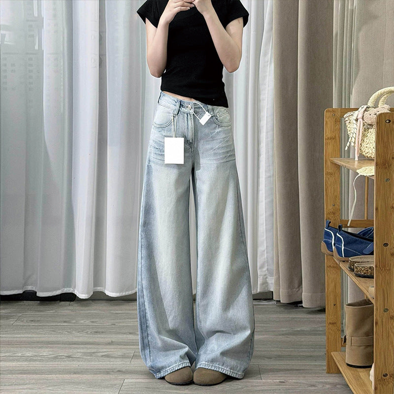 Retro Blue High-Waist Wide-Leg Distressed Denim Jeans for Women
