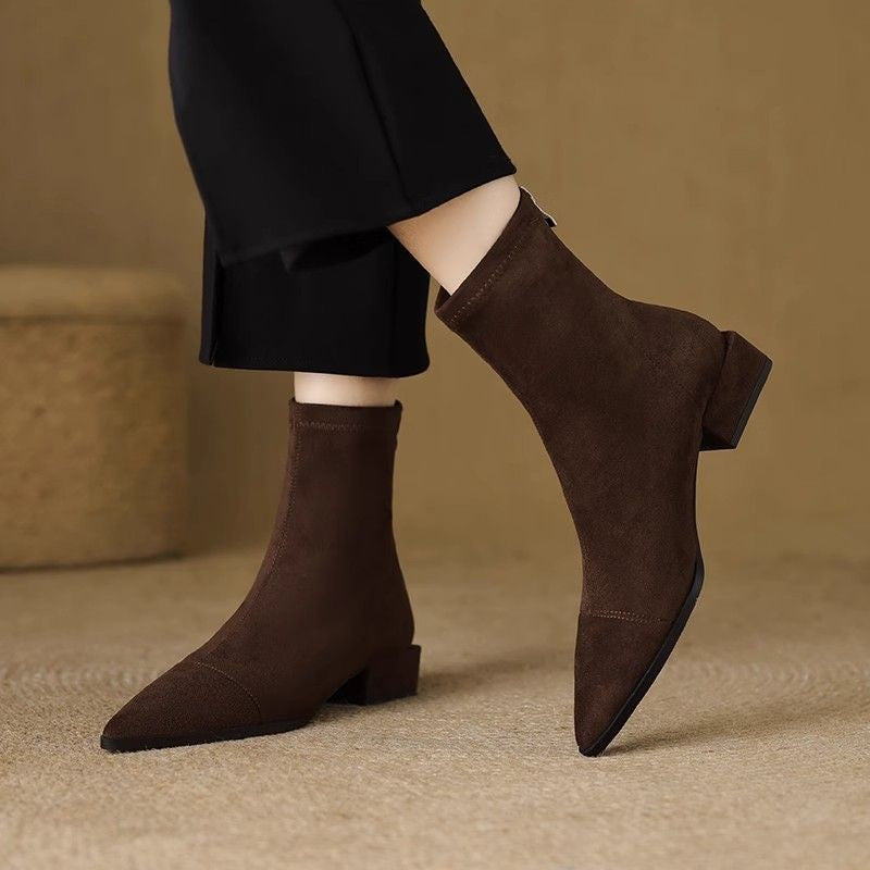 Flat French Point Toe Boots Thick Heeled
