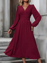 medium fur ball diagonal collar lantern sleeve pleated waist dress