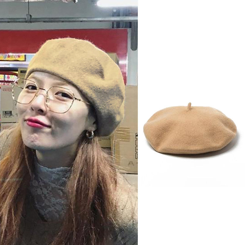 Retro Solid Color Wool Beret Hat for Women, Autumn Winter Adjustable Painter Cap