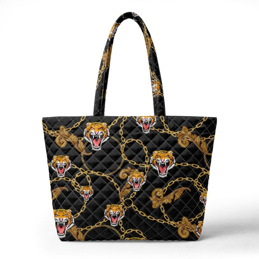Embroidered Quilted Tiger Print Tote Bag