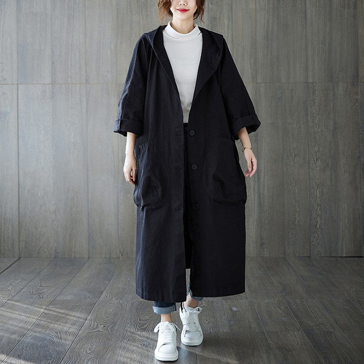 Fashionable loose-fitting knee-length long coat with large pockets for women