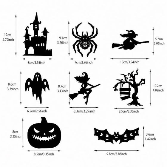 Size chart of eight Halloween silhouettes with measurements