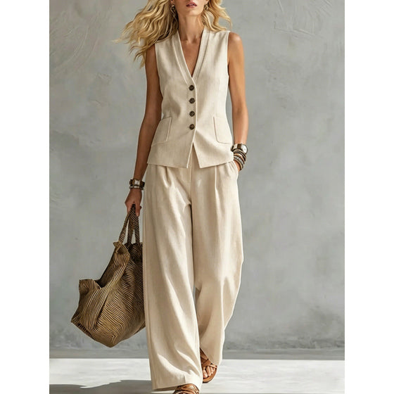 Women Solid Color Sleeveless Linen Vest and Pants Set Clothing & Accessories product image 4