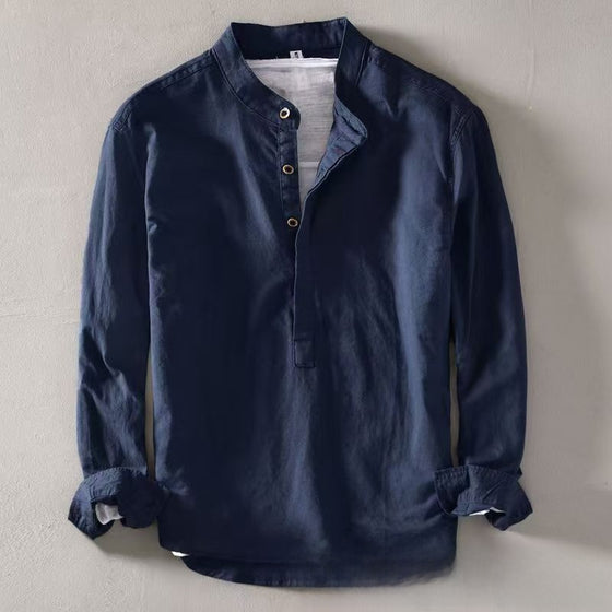 Men's Cotton Linen Stand-Up Collar Long-Sleeve Pullover Shirt Solid Casual Retro Top