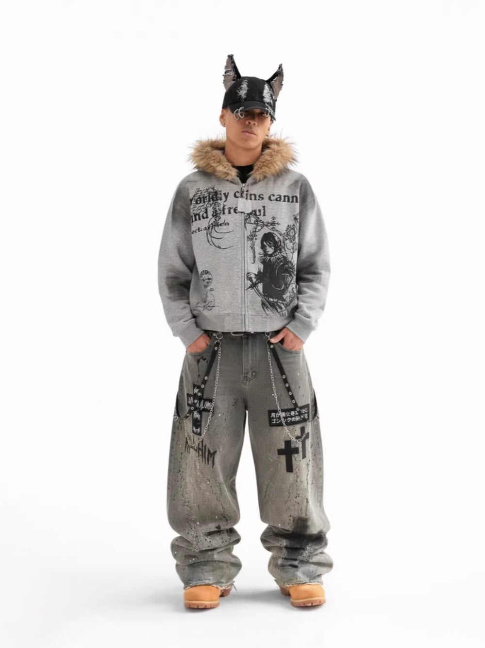 Mens Washed Gray Splatter Ink Ripped Jeans