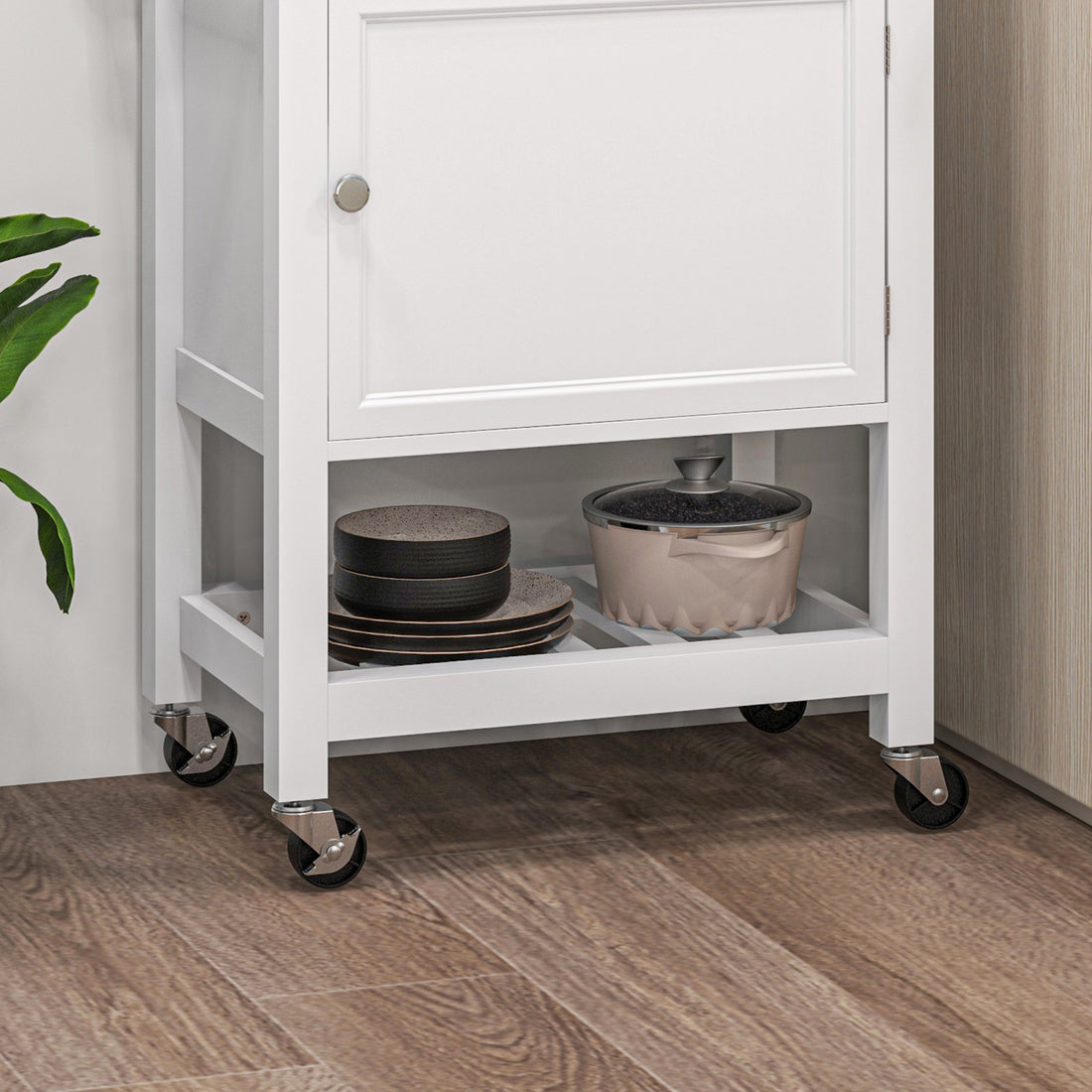 Kitchen island cart open shelving with mixing bowls