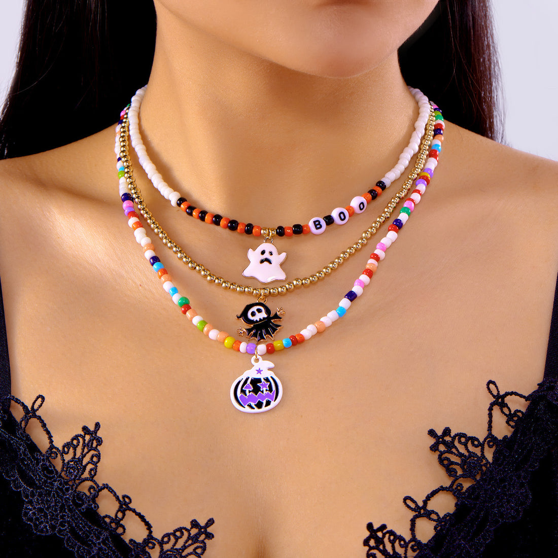 Halloween Beaded Ghost Pumpkin Pendant Necklace