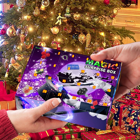 Magic Surprise Box blind box held in front of a Christmas tree