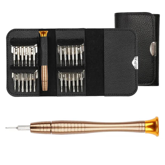 Precision screwdriver kit open with bits and gold handle