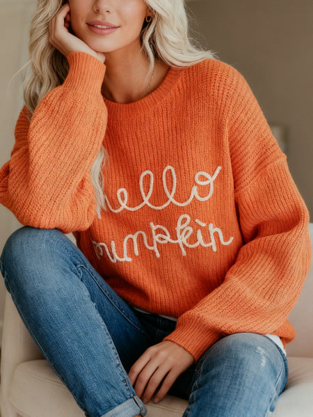 Women's Long Sleeve Pumpkin Letter Jacquard Round Neck Sweater