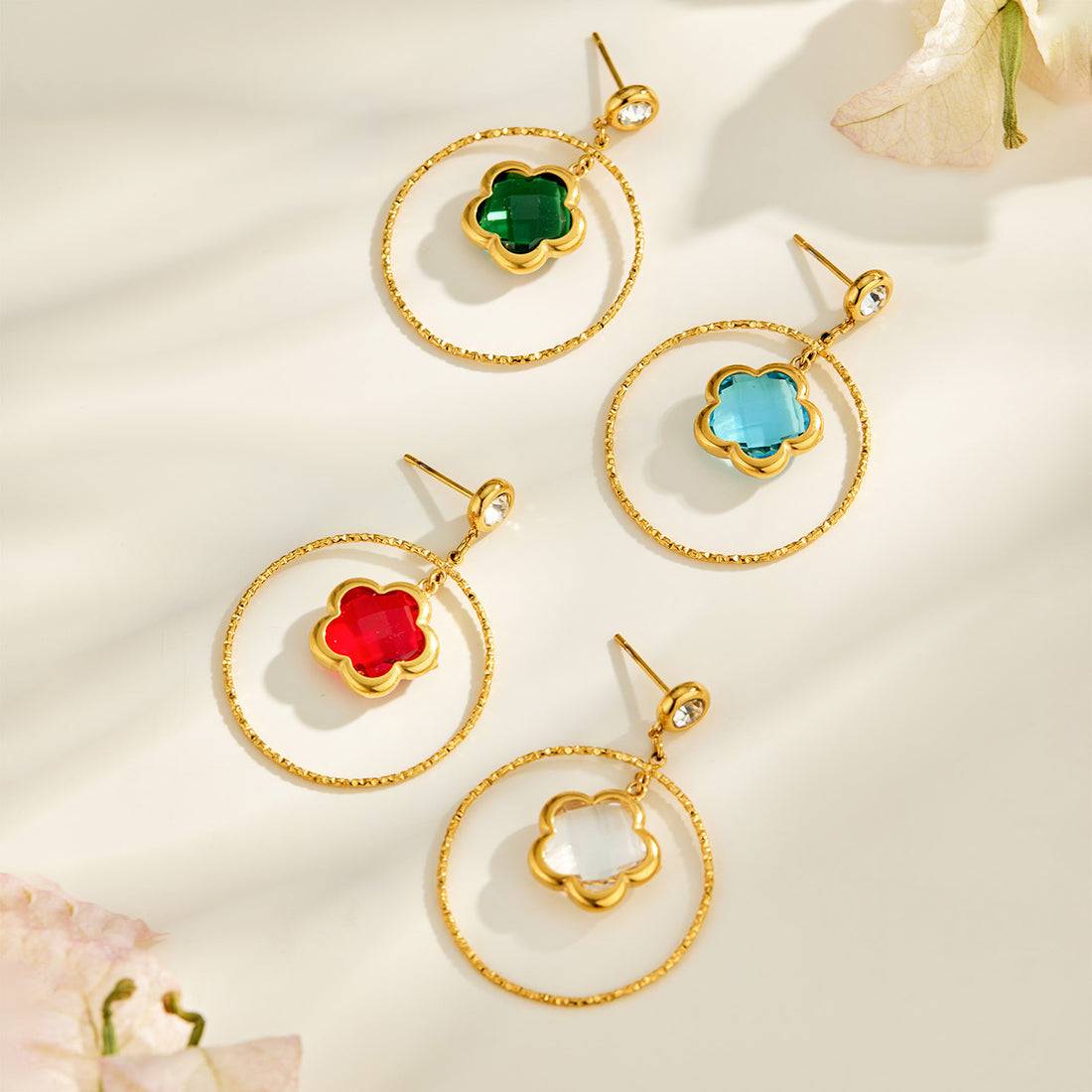 Large circle flower-shaped glass stone long earrings
