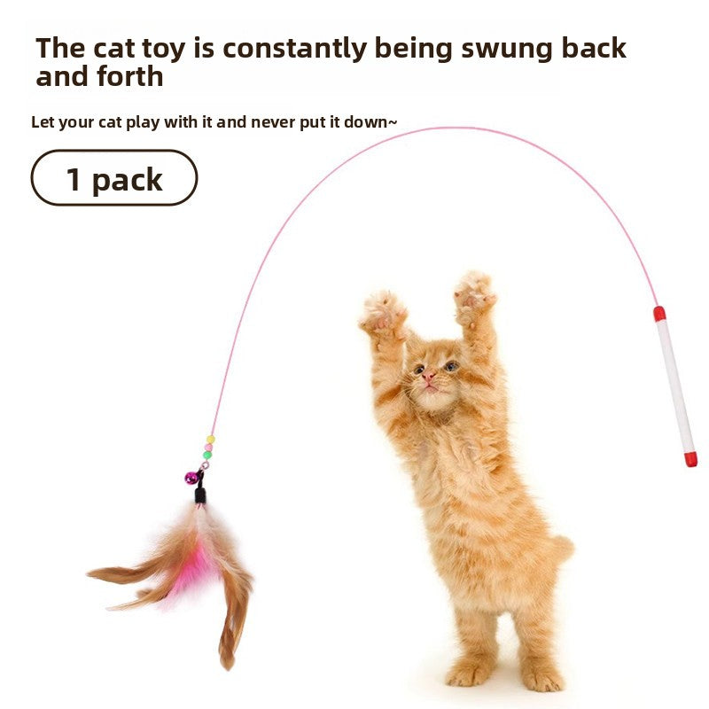 Interactive Cat Teaser Toy with Feathers and Bell, Durable Wire Wand for Kitten Play