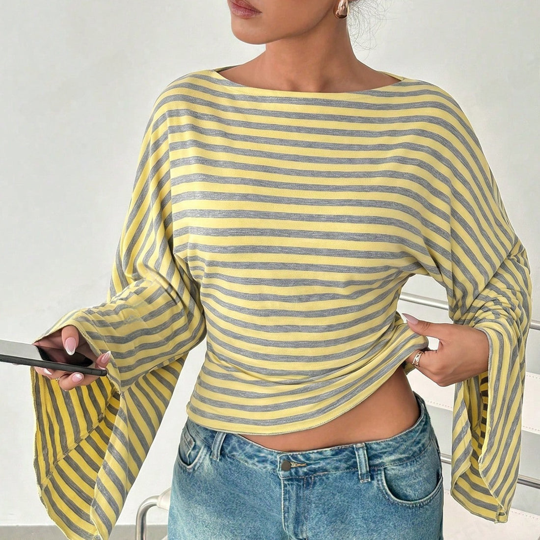 Women's striped rib knit long sleeve tee with wide neckline, photo 2