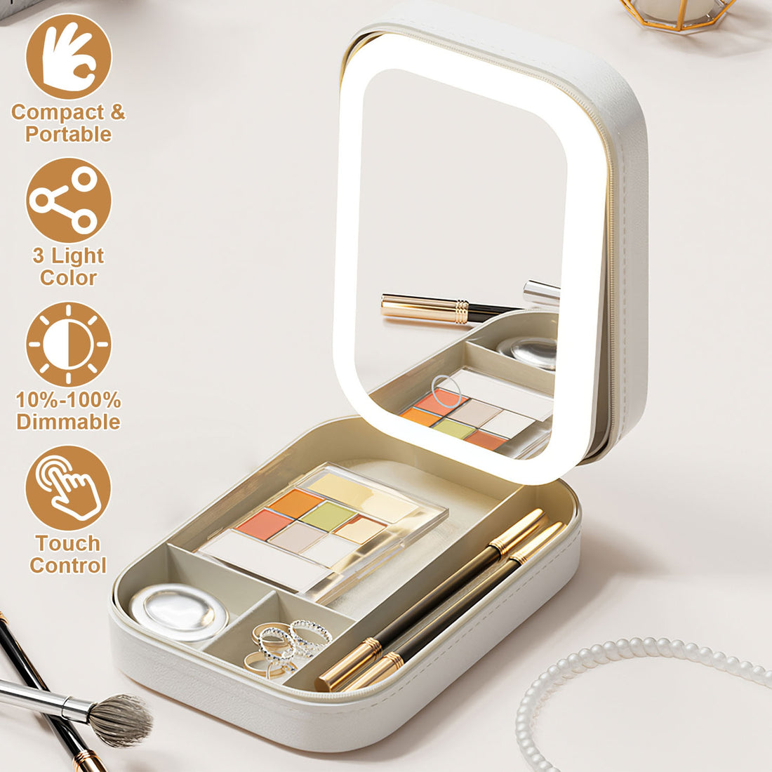Open white makeup bag with lit mirror and makeup inside, feature icons