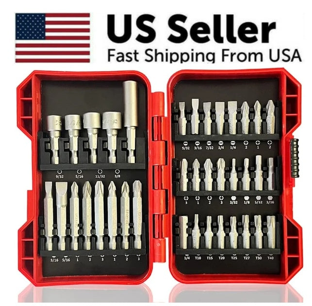 Open red case holding the bit set