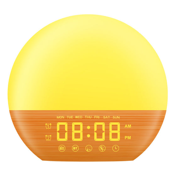 Wood Grain FM Radio Sunrise Wake Up Light Bluetooth Speaker Alarm Clock product image 1