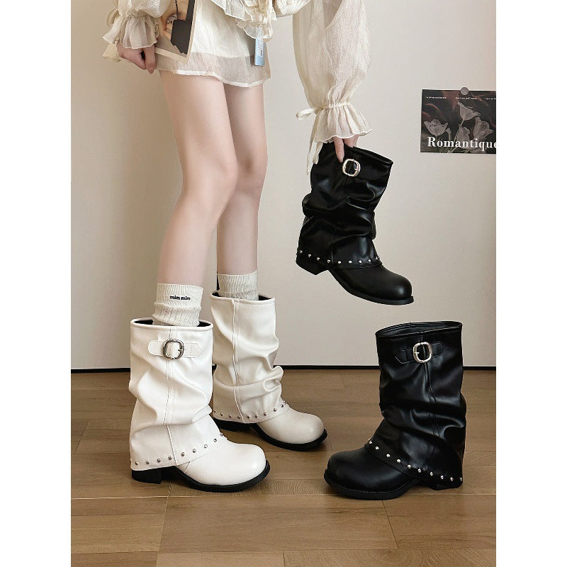 Women's solid-color pleated ankle boots
