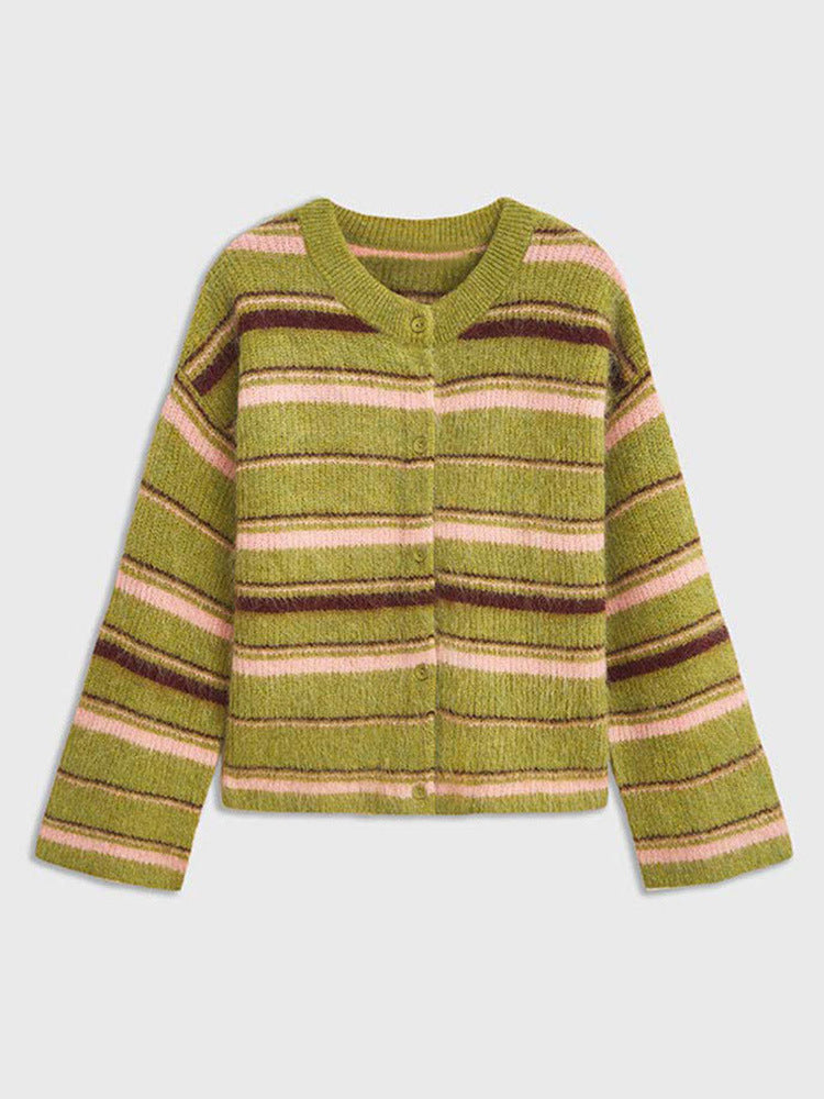 Women's green striped color-block knit cardigan, photo 5