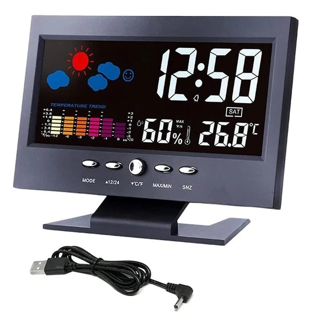 Digital alarm clock showing time, humidity and temperature with USB cable