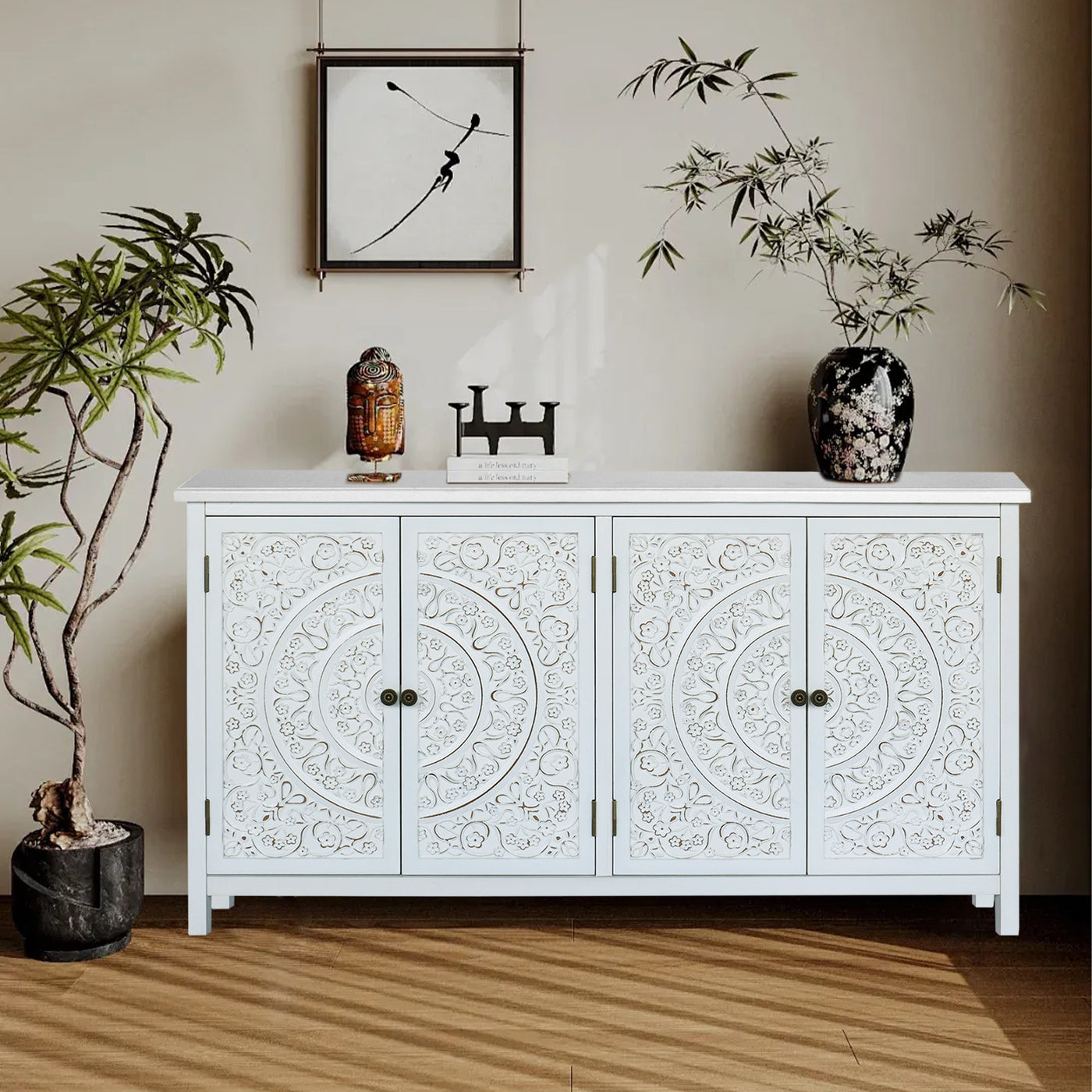 60 Inch White Accent Cabinet Rustic Wood Sideboard