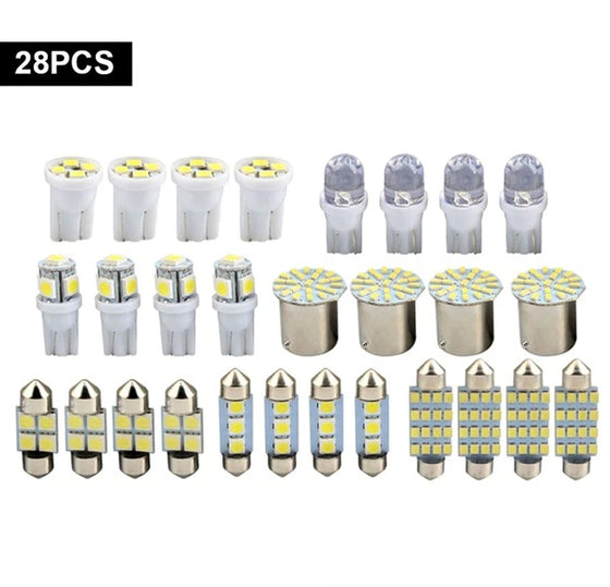 All 28 LED bulbs laid out by size