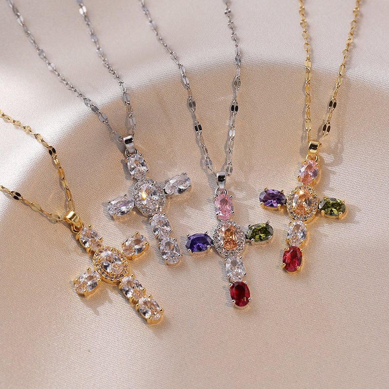Women's Retro Cross Pendant Titanium Steel Lip Chain Necklace