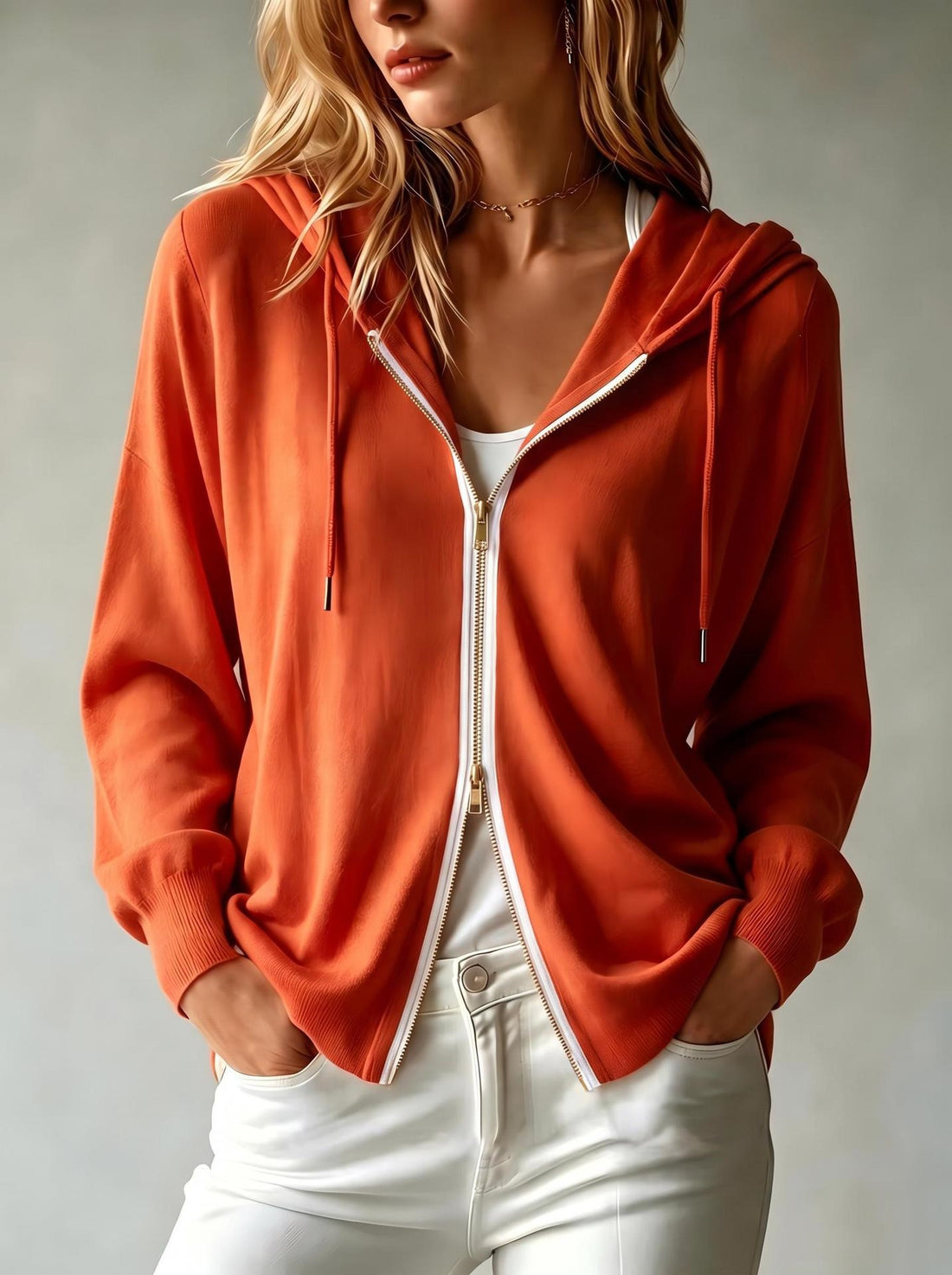 Women's Solid Color Hooded Zip-Up Cardigan Long Sleeve Loose Fit Sweatshirt