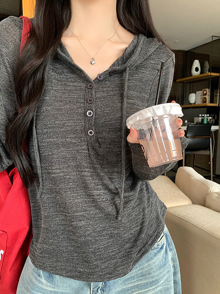 Women's Button-Down Knit Hoodie Long Sleeve Henley T-Shirt