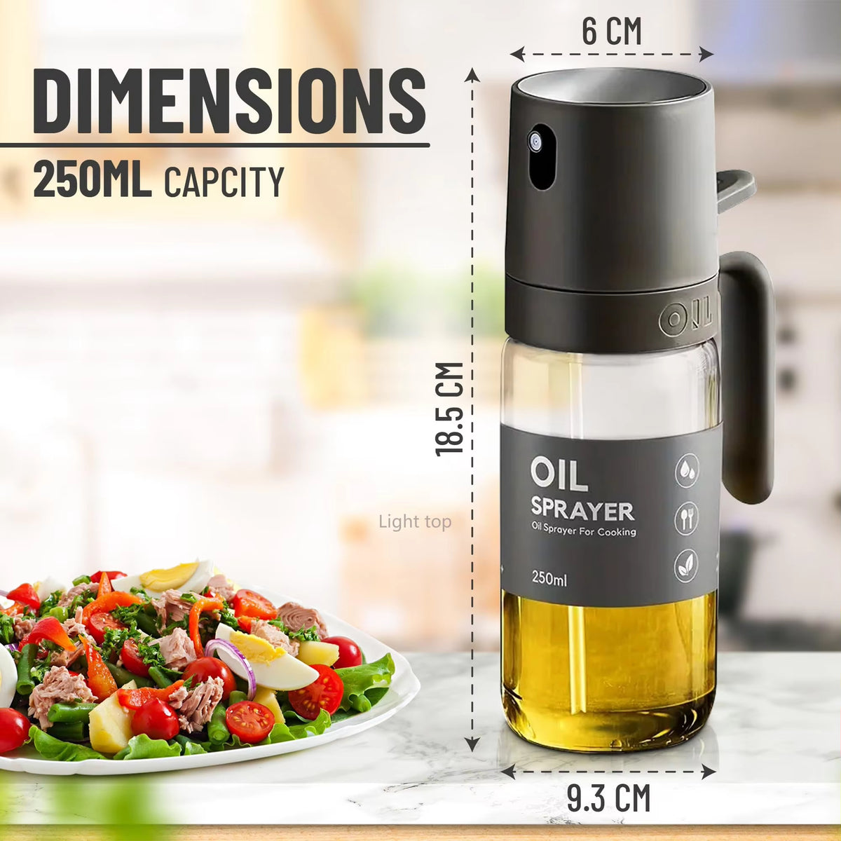 Olive oil sprayer bottle on kitchen counter