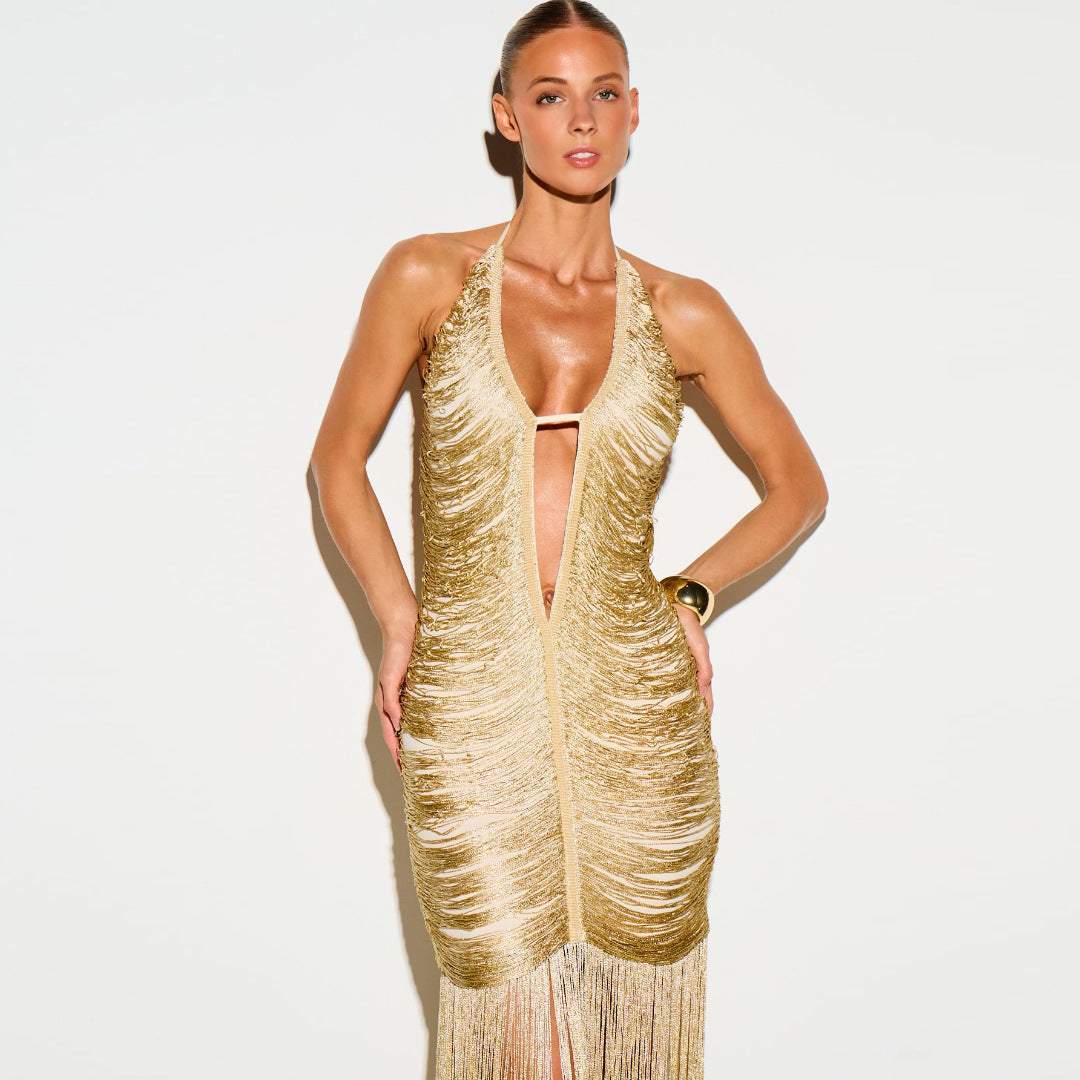 Gold deep V-neck sleeveless backless dress with tassels, photo 2